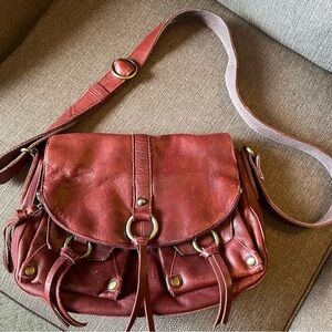 Vintage Lucky Brand Jeans Distressed Leather Flap Shoulder Bag Purse Brown Red